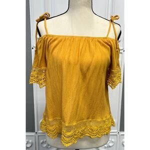 by & by Mustard Off-Shoulder Lace-Trim Blouse- Women's Small